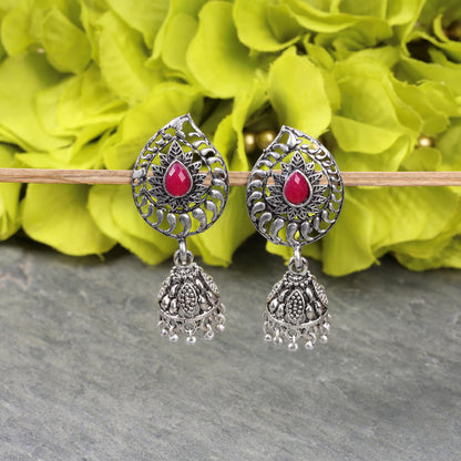 Red Stone Studded Danglers With Hanging Jhumki