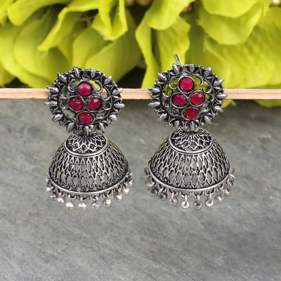 Red Stone Studded Oxidised Earrings With Hanging Jhumki