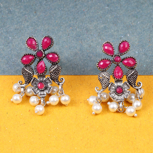 Red Stone Studded Oxidised Earrings With Hanging Pearls
