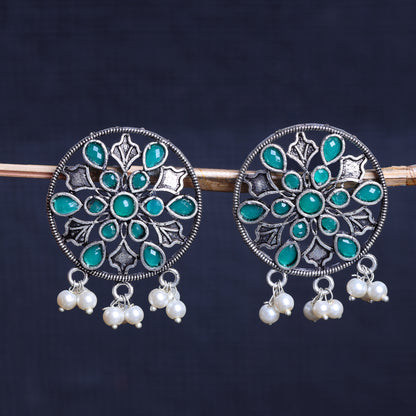 Green Stone Studded Circular Oxidised Earrings With Hanging Pearls
