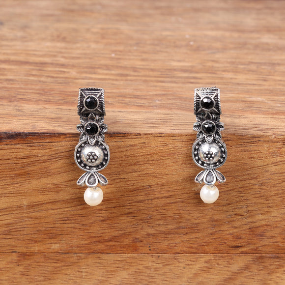 Black Stone Studded Beautiful Oxidised Studs With Hanging Pearl