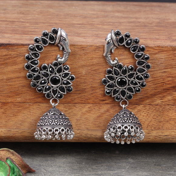 Black Stone Studded Peacock German Silver Earrings