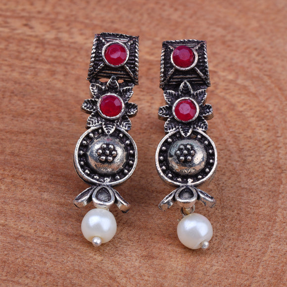 Red Stone Studded Beautiful Oxidised Studs With Hanging Pearl