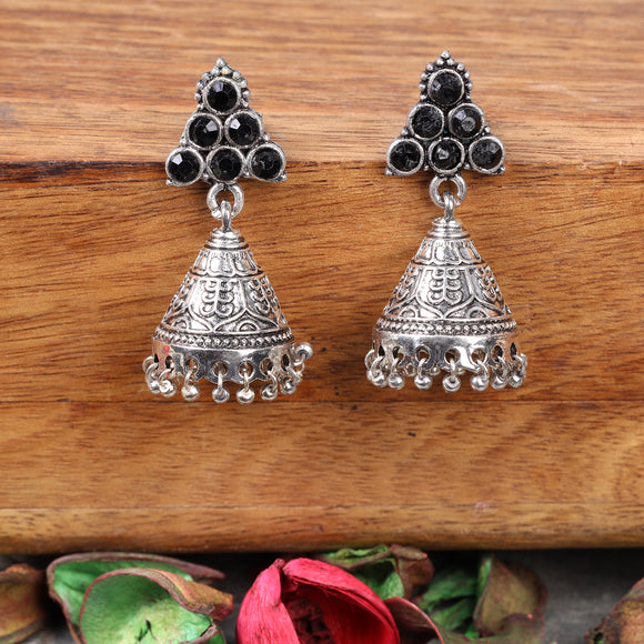 Black Stone Studded Conical Oxidised Earrings With Hanging Jhumki