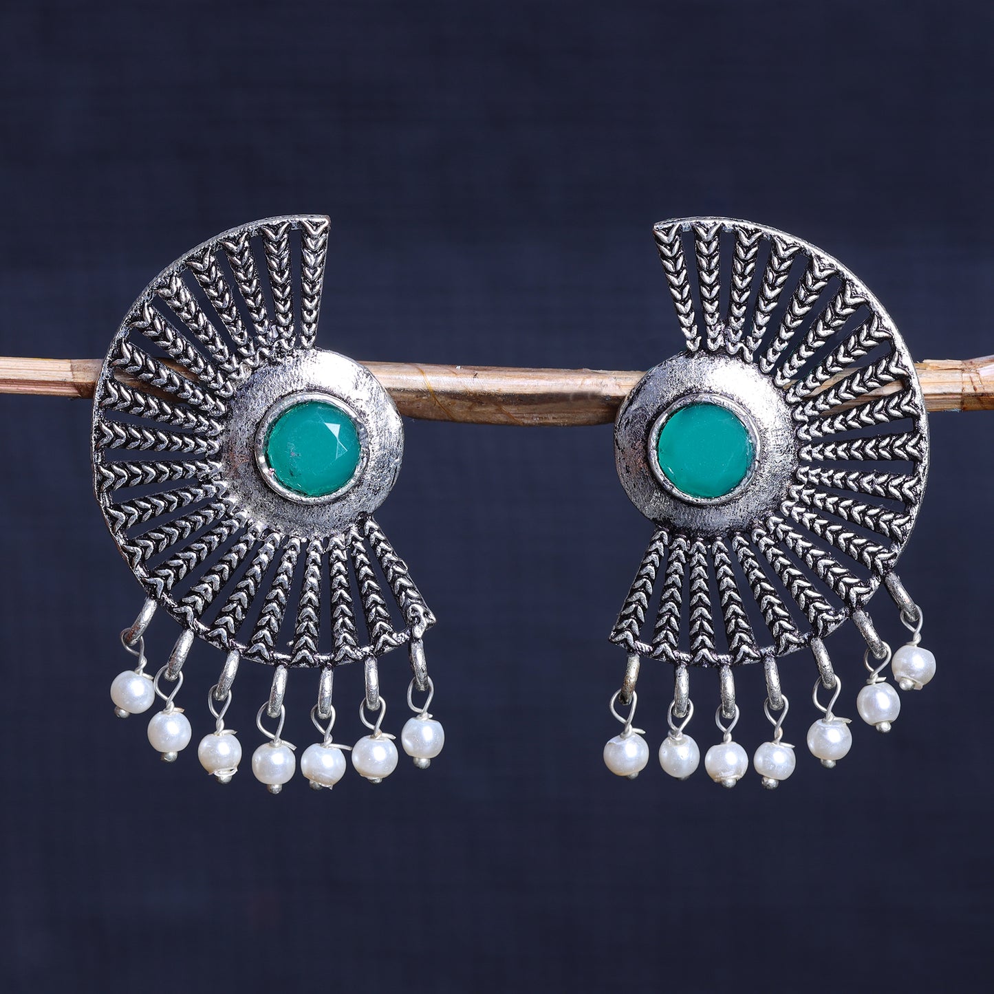 Green Stone Studded Oxidised Earrings With Hanging Pearls