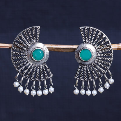 Green Stone Studded Oxidised Earrings With Hanging Pearls