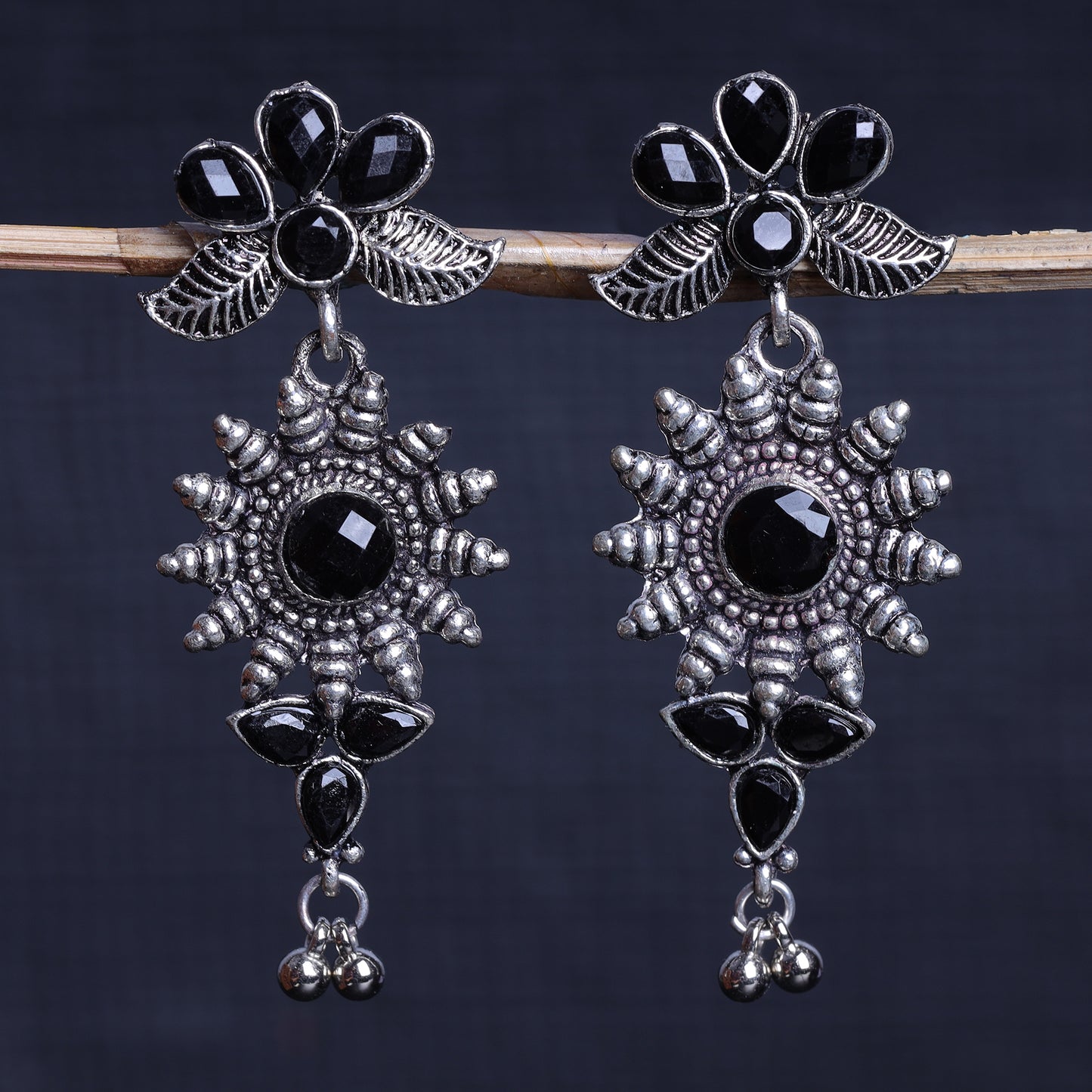 Black Stone Studded Oxidised Earrings