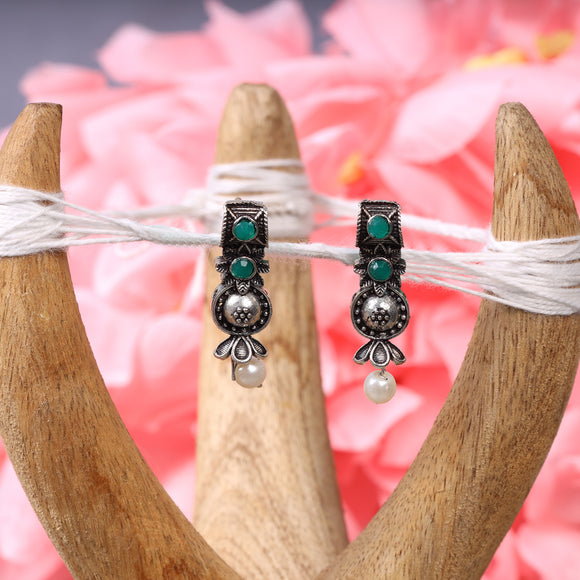 Green Stone Studded Beautiful Oxidised Studs With Hanging Pearl