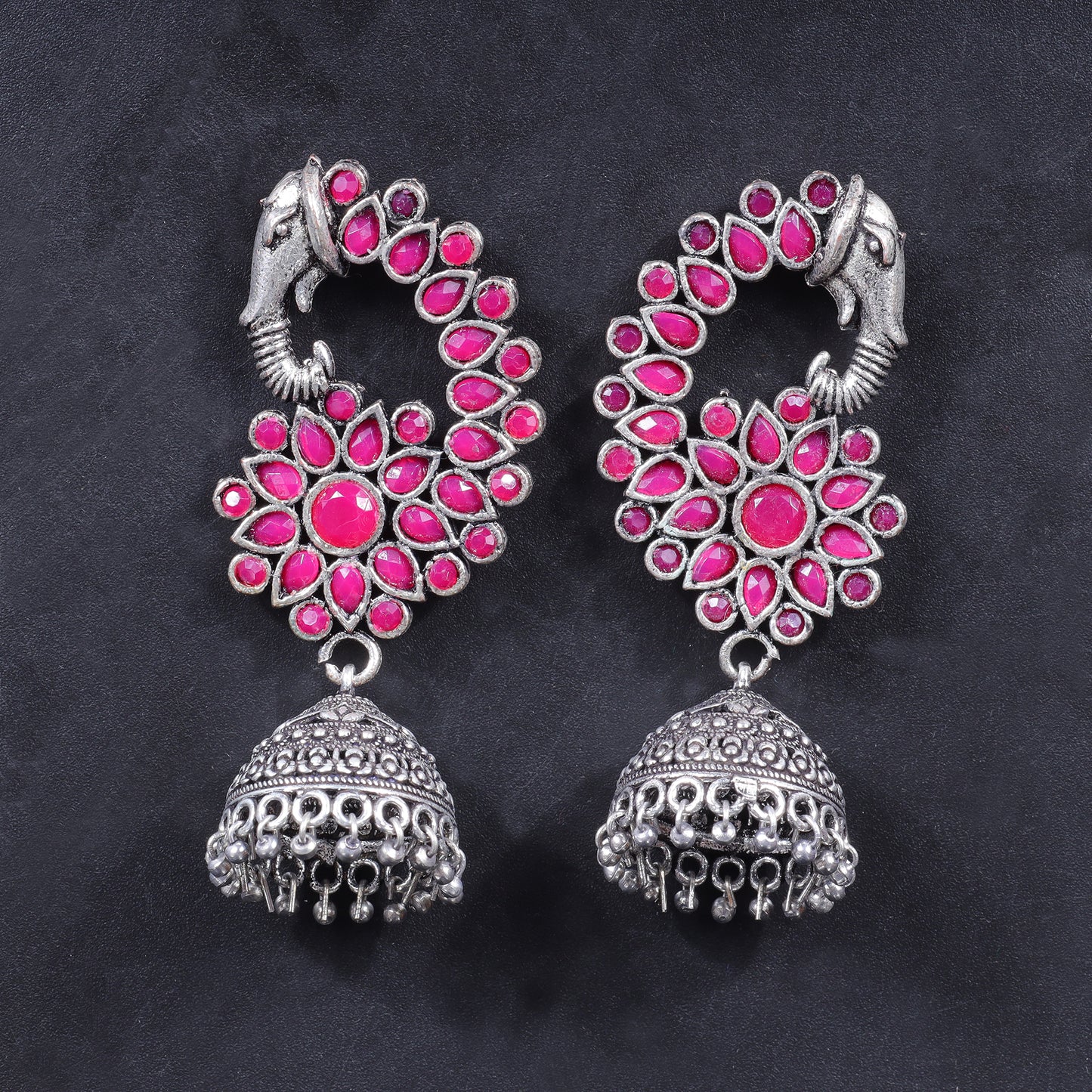 Red Stone Studded Peacock German Silver Earrings