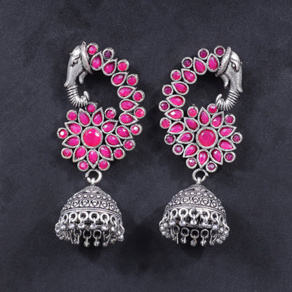 Red Stone Studded Peacock German Silver Earrings
