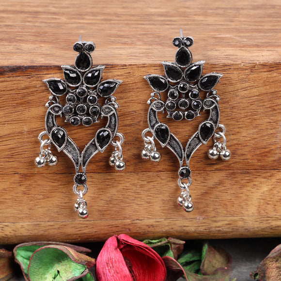 Black Stone Studded Oxidised Dangler Earrings