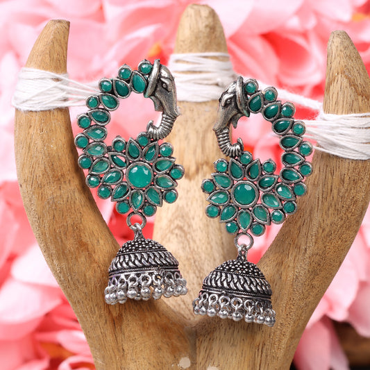 Green Stone Studded Oxidised Earrings With Hanging Jhumki