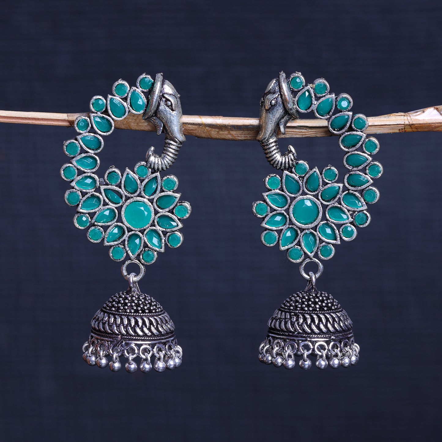 Green Stone Studded Oxidised Earrings With Hanging Jhumki