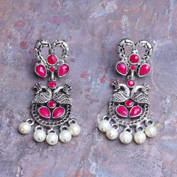 Red Stone Studded Delicate Oxidised Earrings With Hanging Pearls
