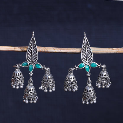 Green Stone Studded Beautiful Triangular Oxidised Earrings With Hanging Jhumkis