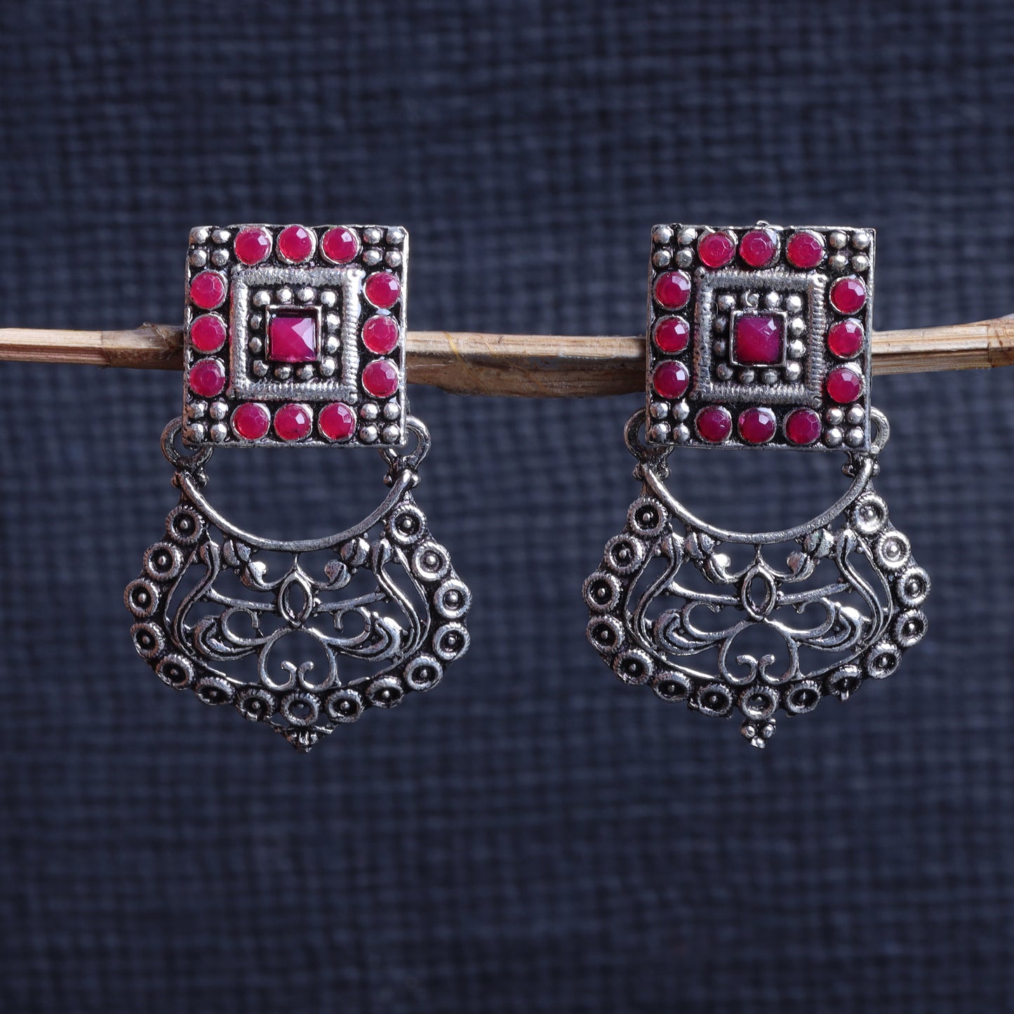 Red Stone Studded Oxidised Earrings