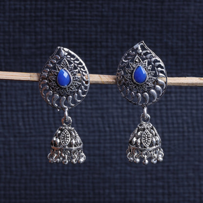 Blue Stone Studded Danglers With Hanging Jhumki