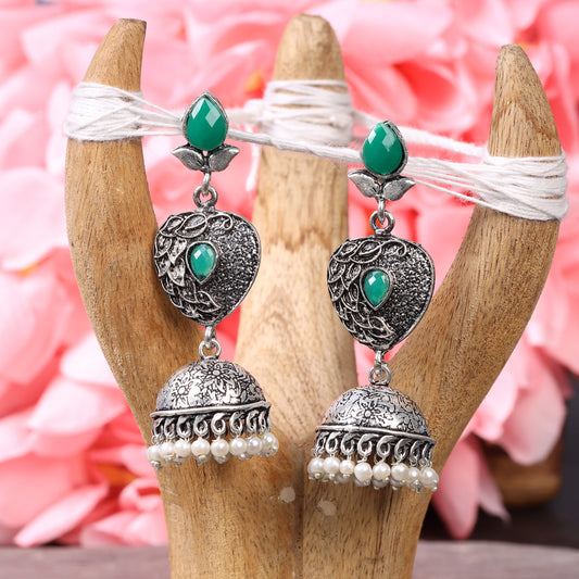 Green Stone Studded Danglers With Hanging Jhumka