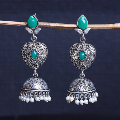 Green Stone Studded Danglers With Hanging Jhumka