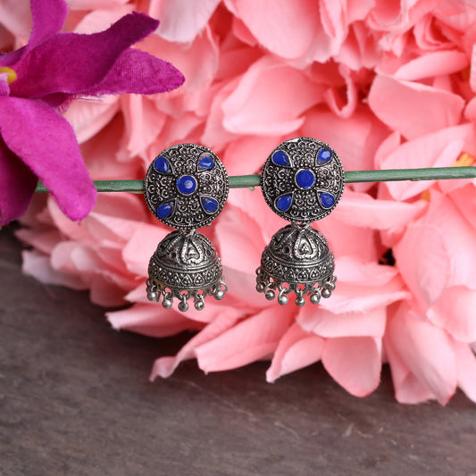 Blue Stone Studded Beautiful Oxidised Earrings With Hanging Jhumki