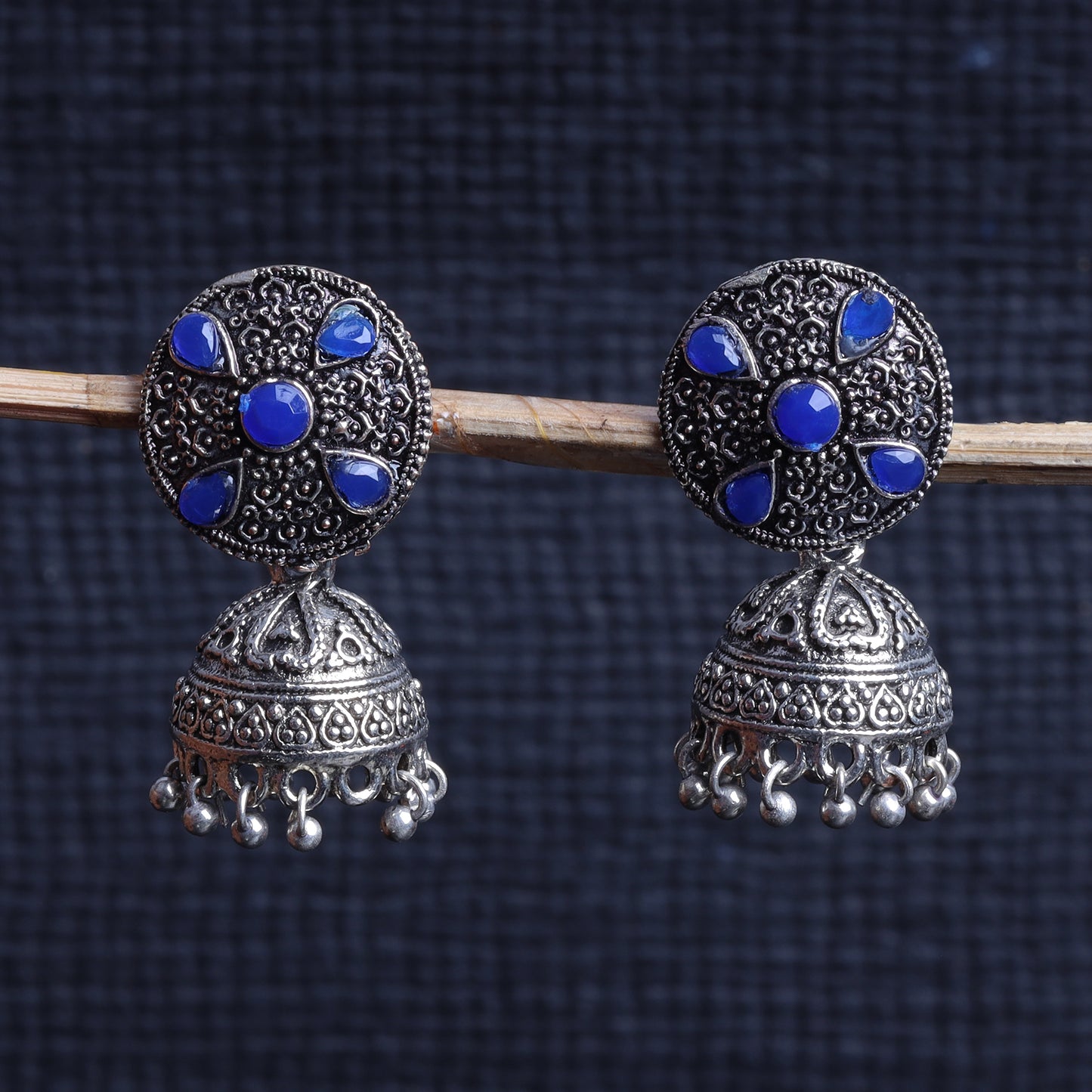 Blue Stone Studded Beautiful Oxidised Earrings With Hanging Jhumki