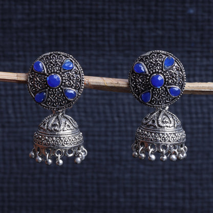 Blue Stone Studded Beautiful Oxidised Earrings With Hanging Jhumki