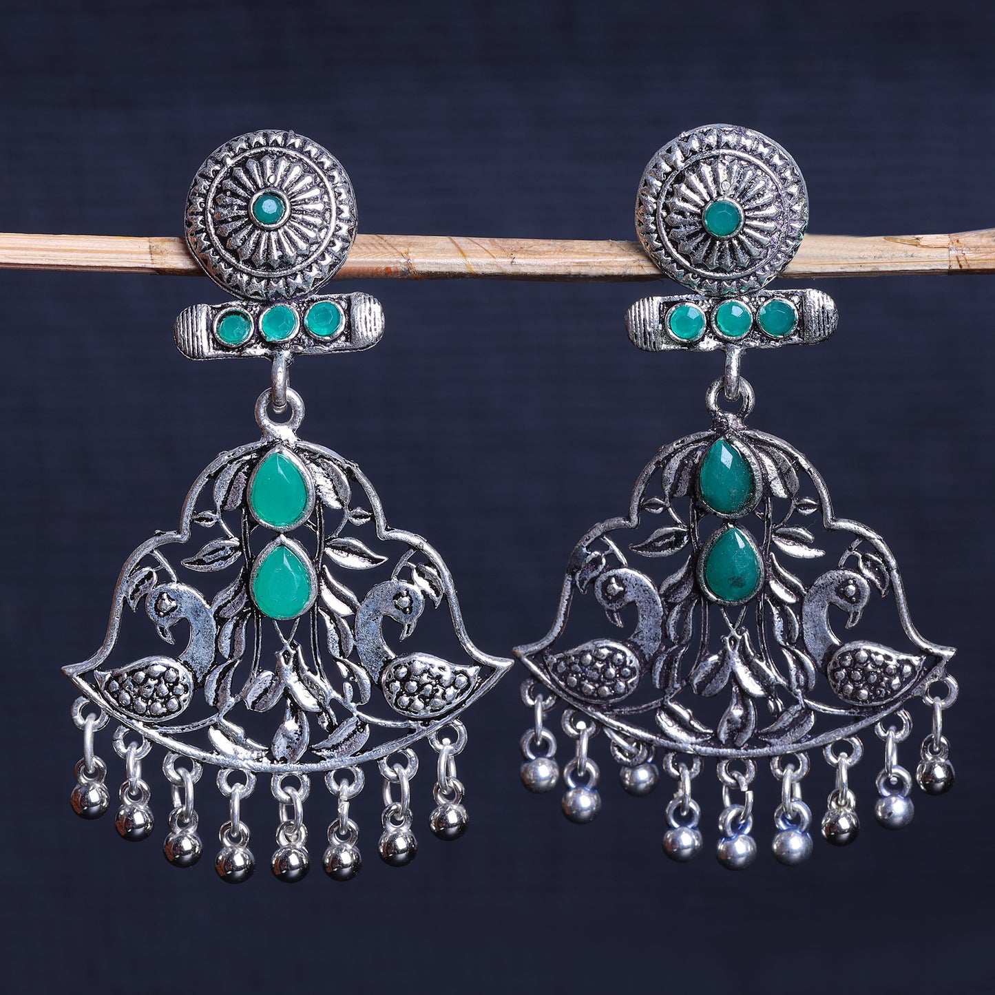 Green Stone Studded Oxidised Danglers