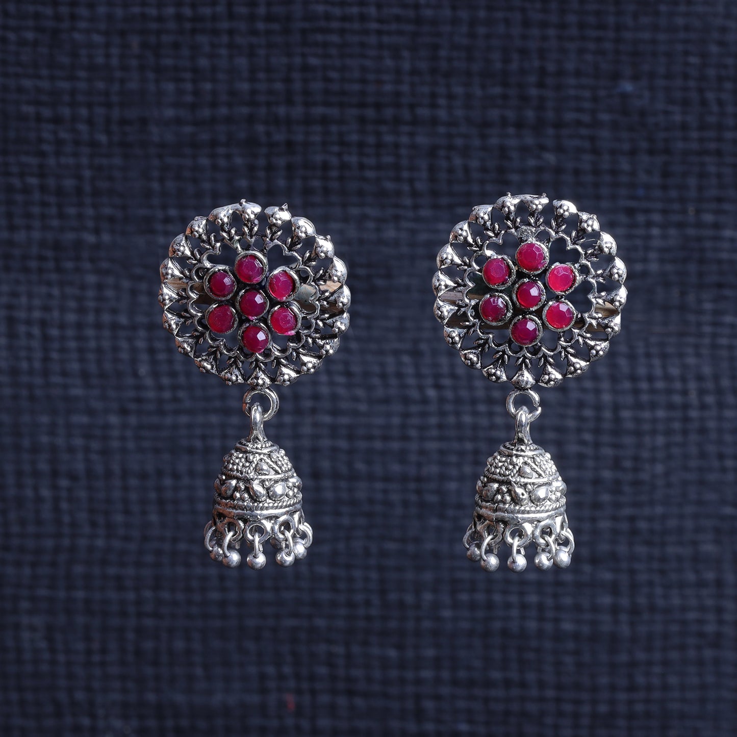 Red Stone Studded Oxidised Earrings With Hanging Jhumki