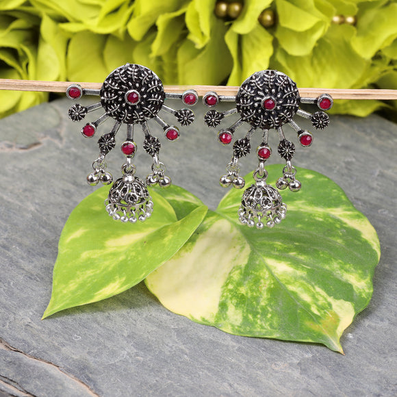Red Stone Studded Semicircular Oxidised Earrings With Hanging Jhumki