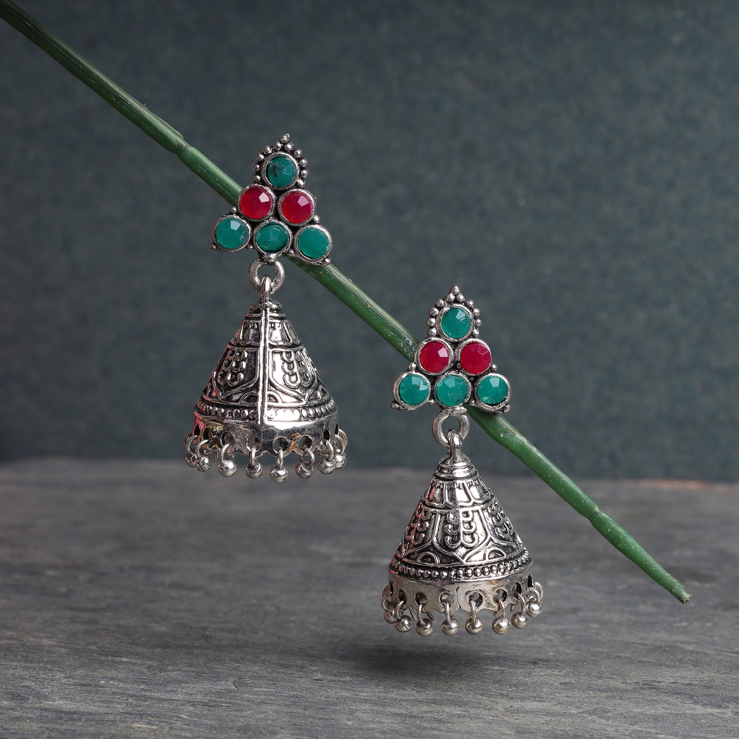 Multicoloured Stone Studded Conical Oxidised Dangler Earrings