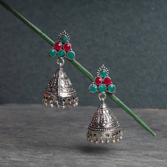 Multicoloured Stone Studded Conical Oxidised Dangler Earrings