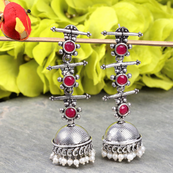 Red Stone Studded Triple Layered Jhumkas