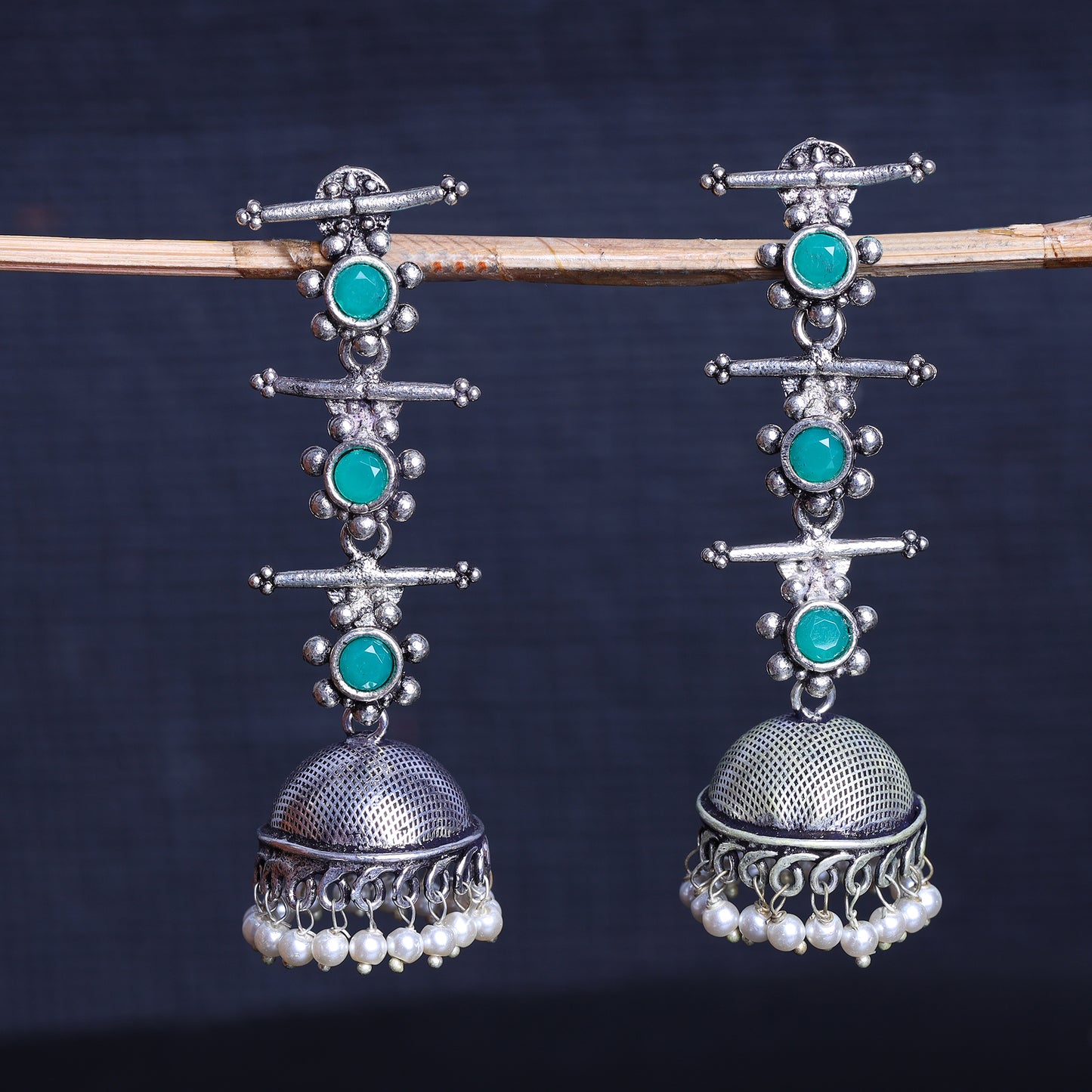 Green Stone Studded Triple Layered Jhumkas
