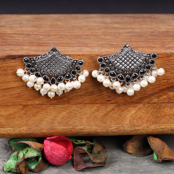 Black Stone Studded Lotus Petal Shaped Oxidised Earrings With Hanging Line Of Pearl