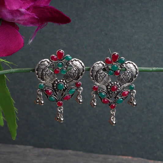 Multicolored Stone Studded Double Peacock Oxidised Earrings