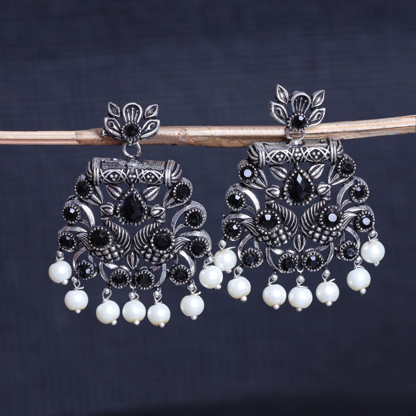Black Stone Studded Oxidised Earrings With Hanging Pearls