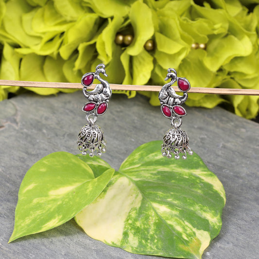 Red Stone Studded Peacock Oxidised Earrings With Hanging Jhumki
