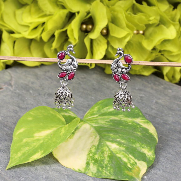 Red Stone Studded Peacock Oxidised Earrings With Hanging Jhumki