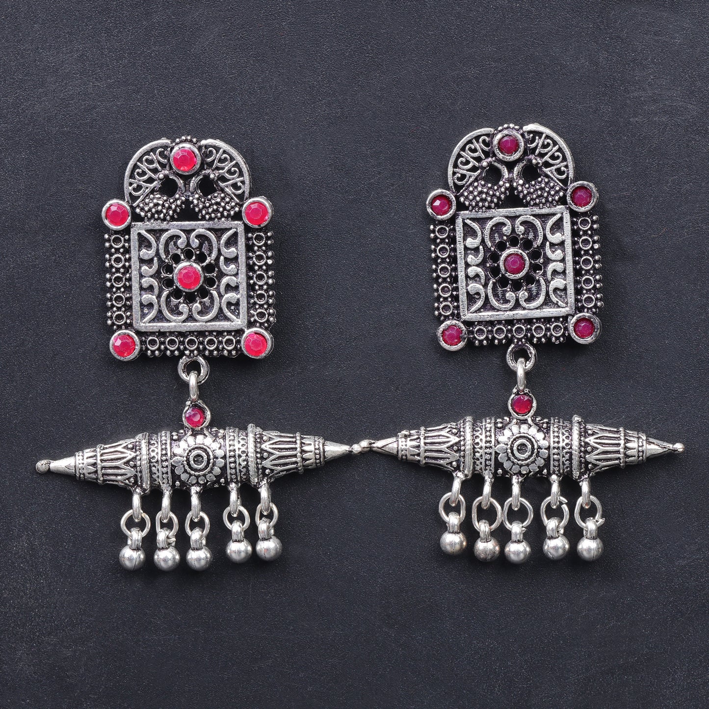 Red Stone Studded Oxidised Statement Earrings With Hanging Ghunghuroo