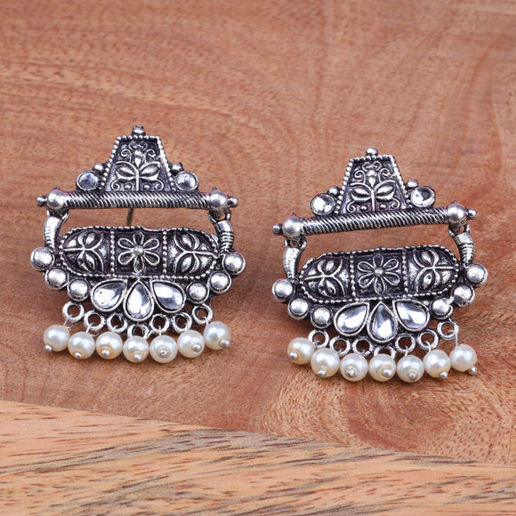 White Stone Studded Oxidised Earrings With Hanging Pearl