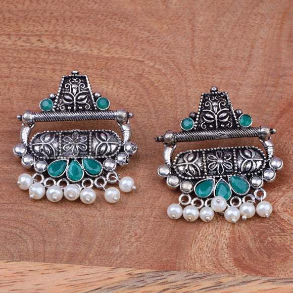 Green Stone Studded Oxidised Earrings With Hanging Pearl