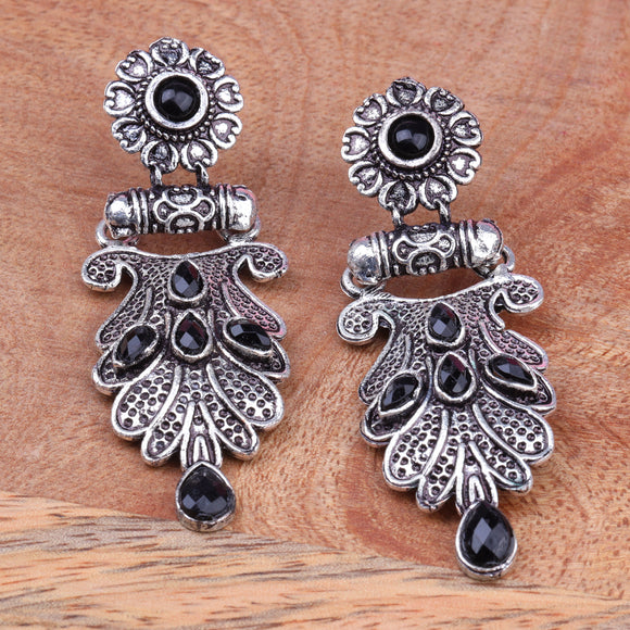 Black Stone Studded Rajwada Style Oxidised Earrings