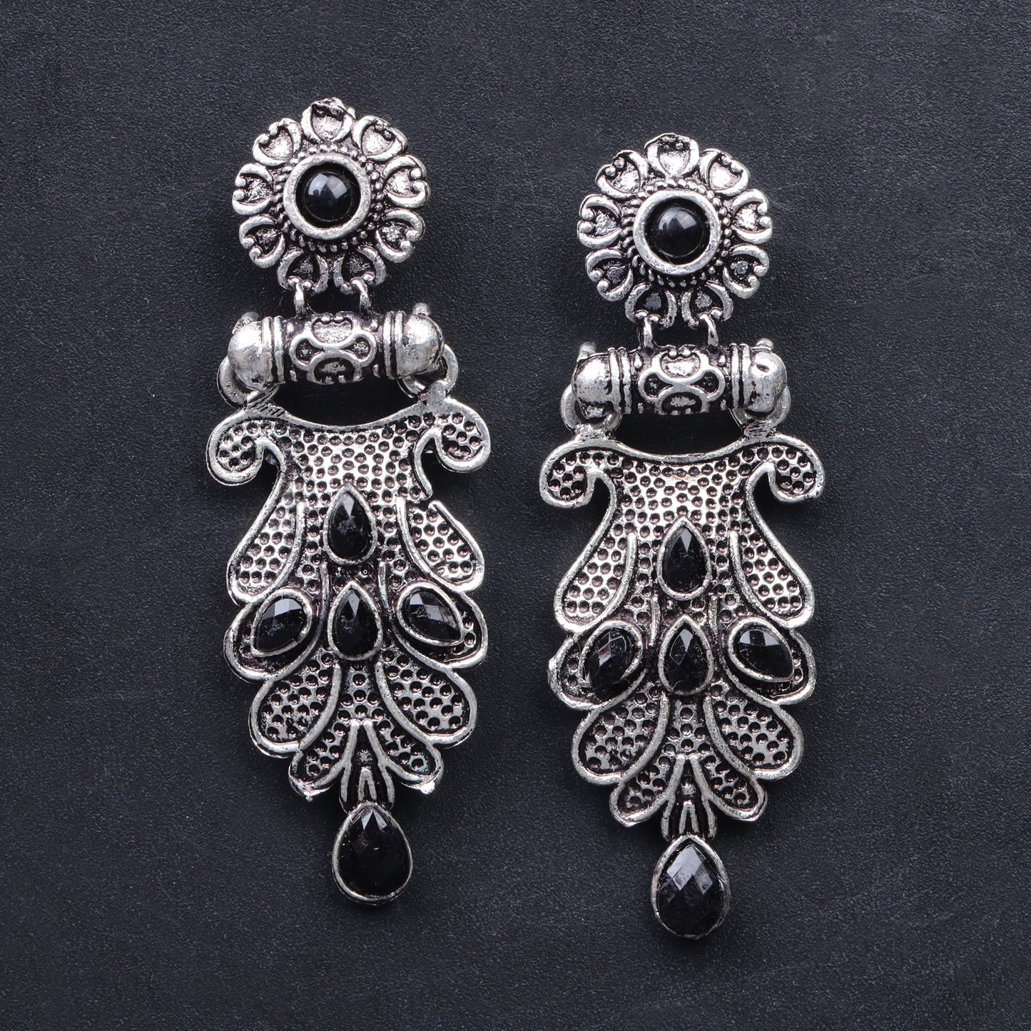 Black Stone Studded Rajwada Style Oxidised Earrings