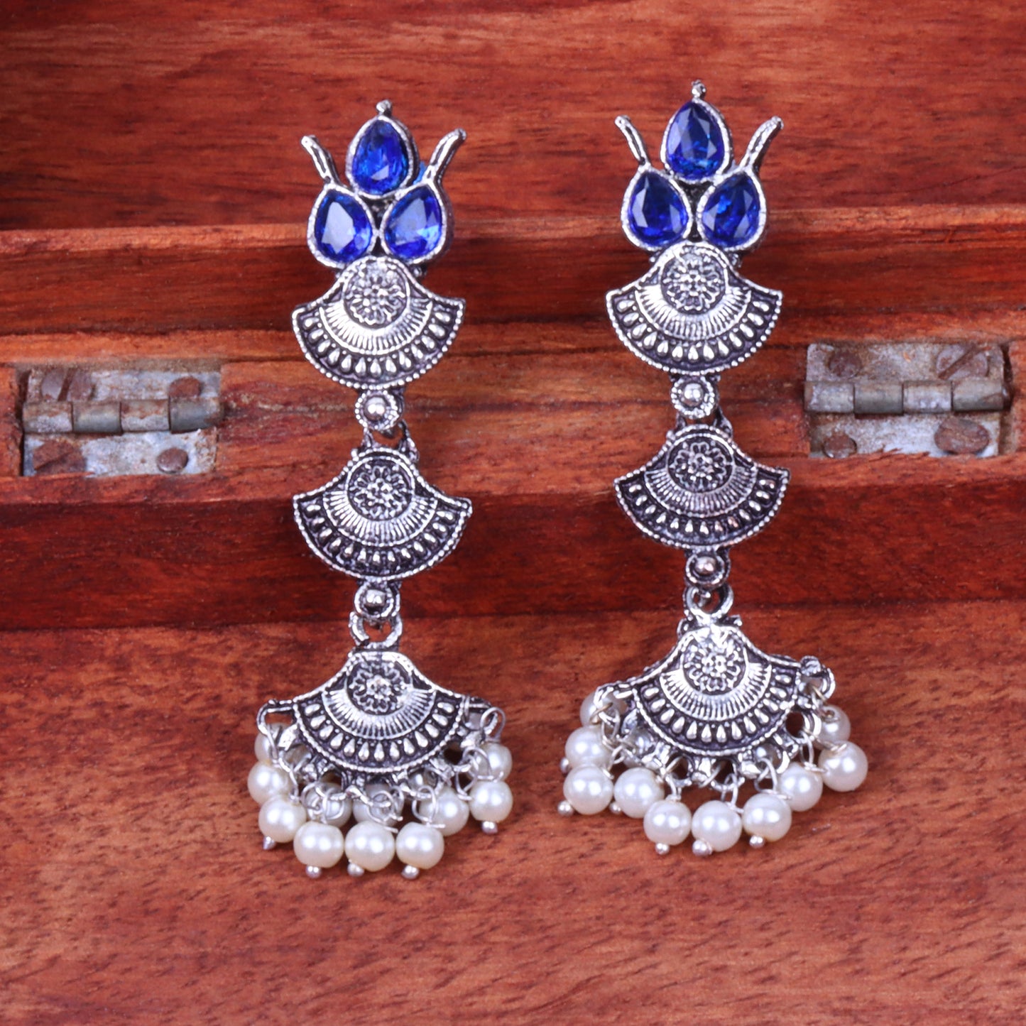 Blue Stone Studded Triple Layered Beautiful German Silver Earrings