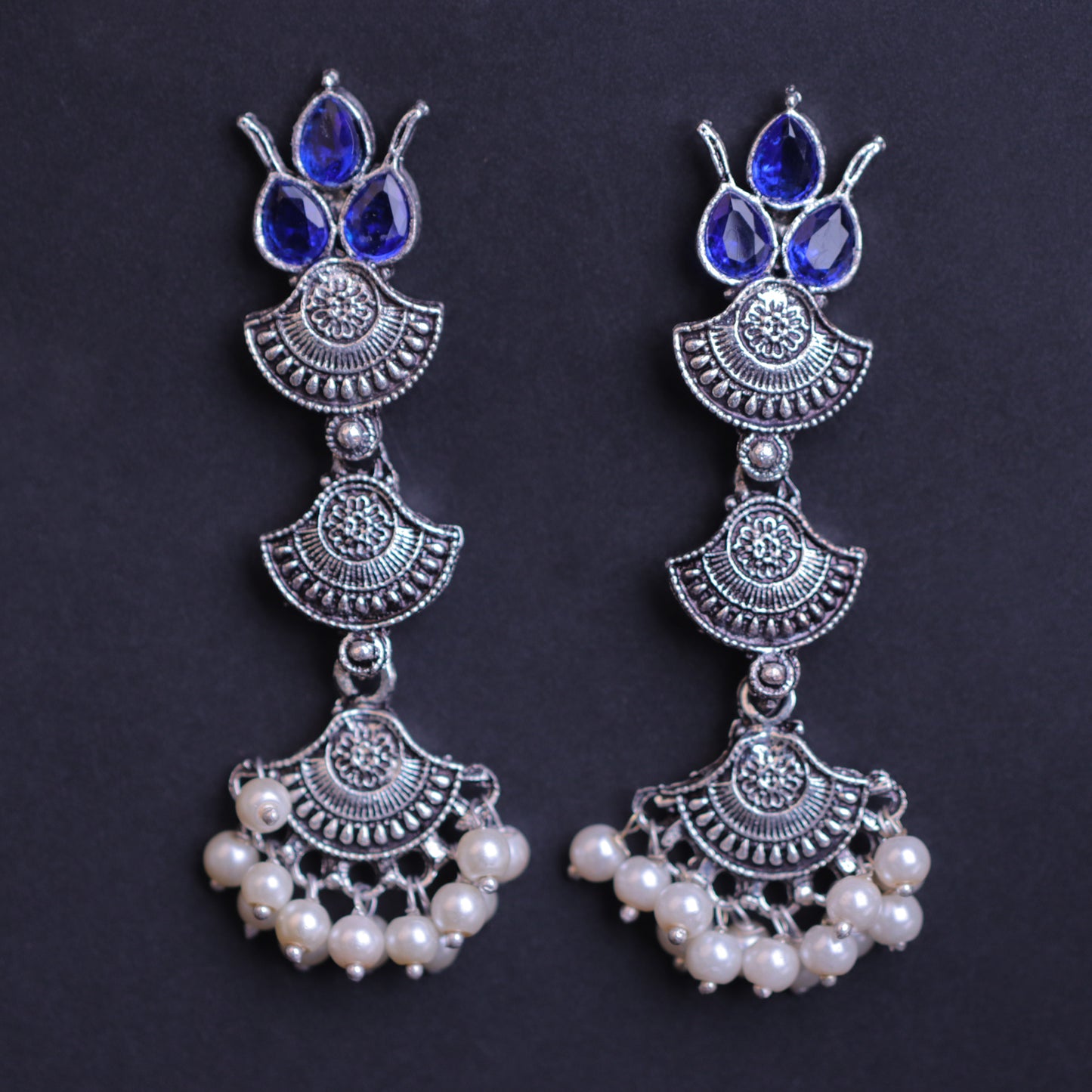 Blue Stone Studded Triple Layered Beautiful German Silver Earrings