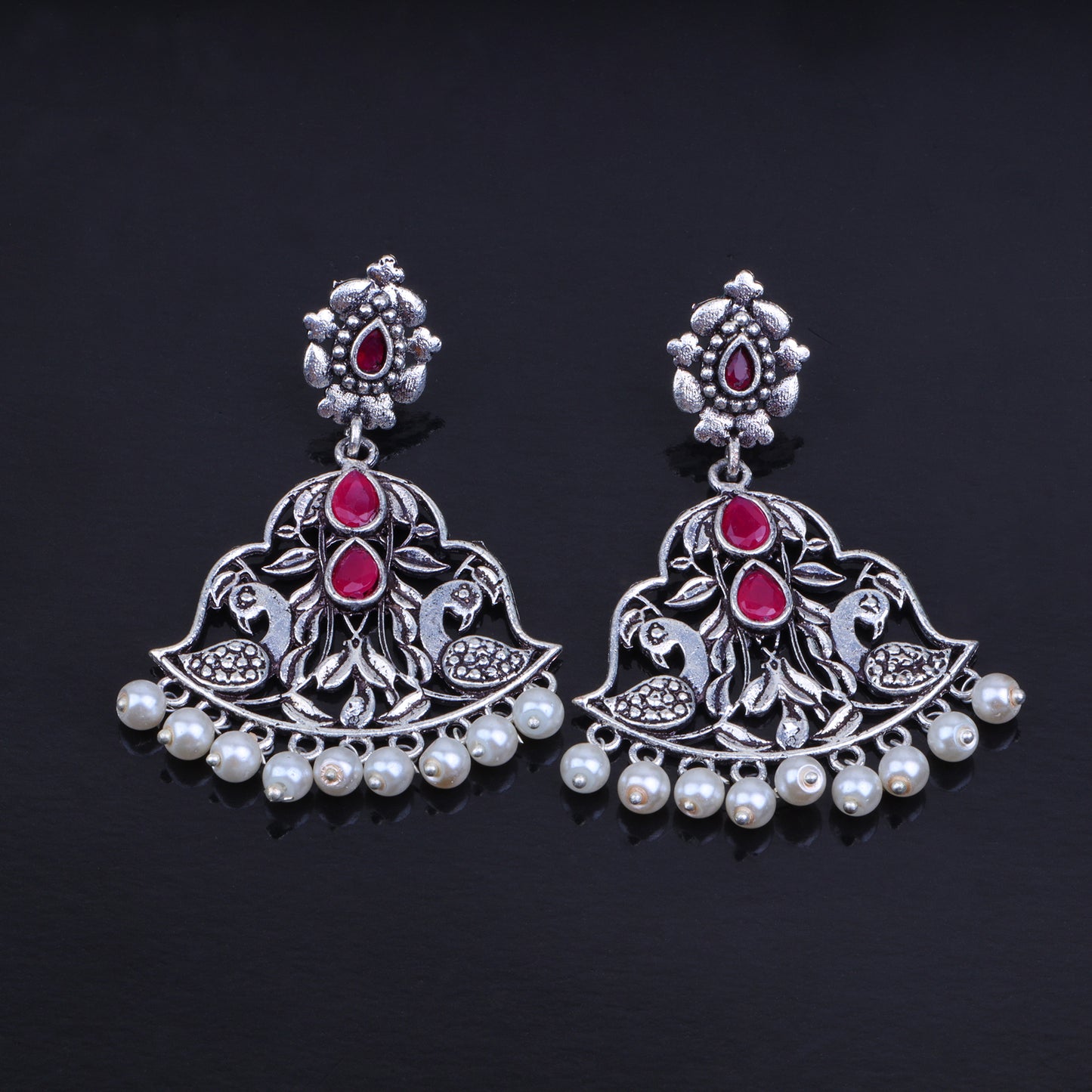 Red Stone Studded Oxidised Danglers
