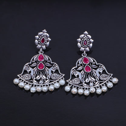 Red Stone Studded Oxidised Danglers