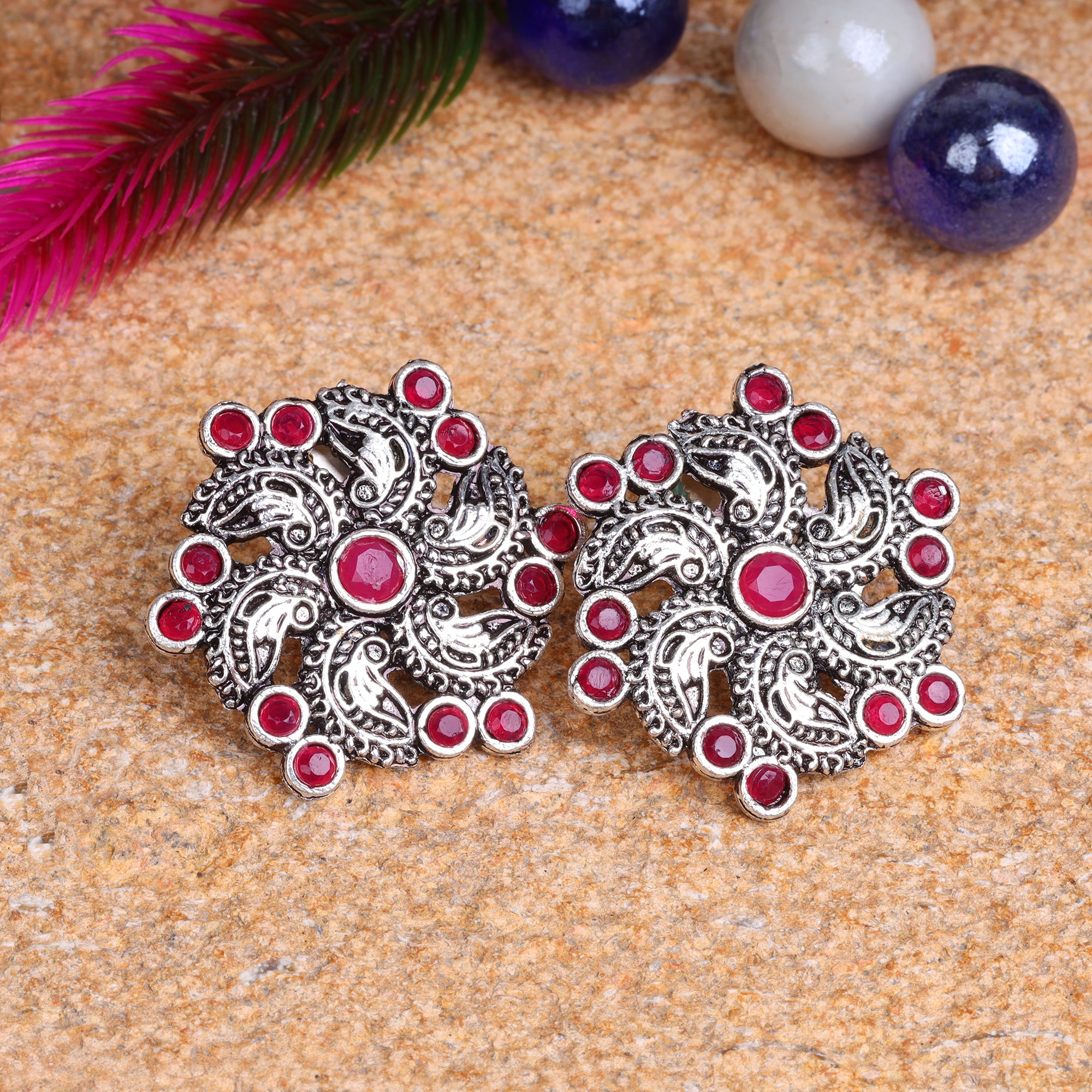 antique silver stud earring\ with red stone earrings\925 sterling  traditional — Discovered