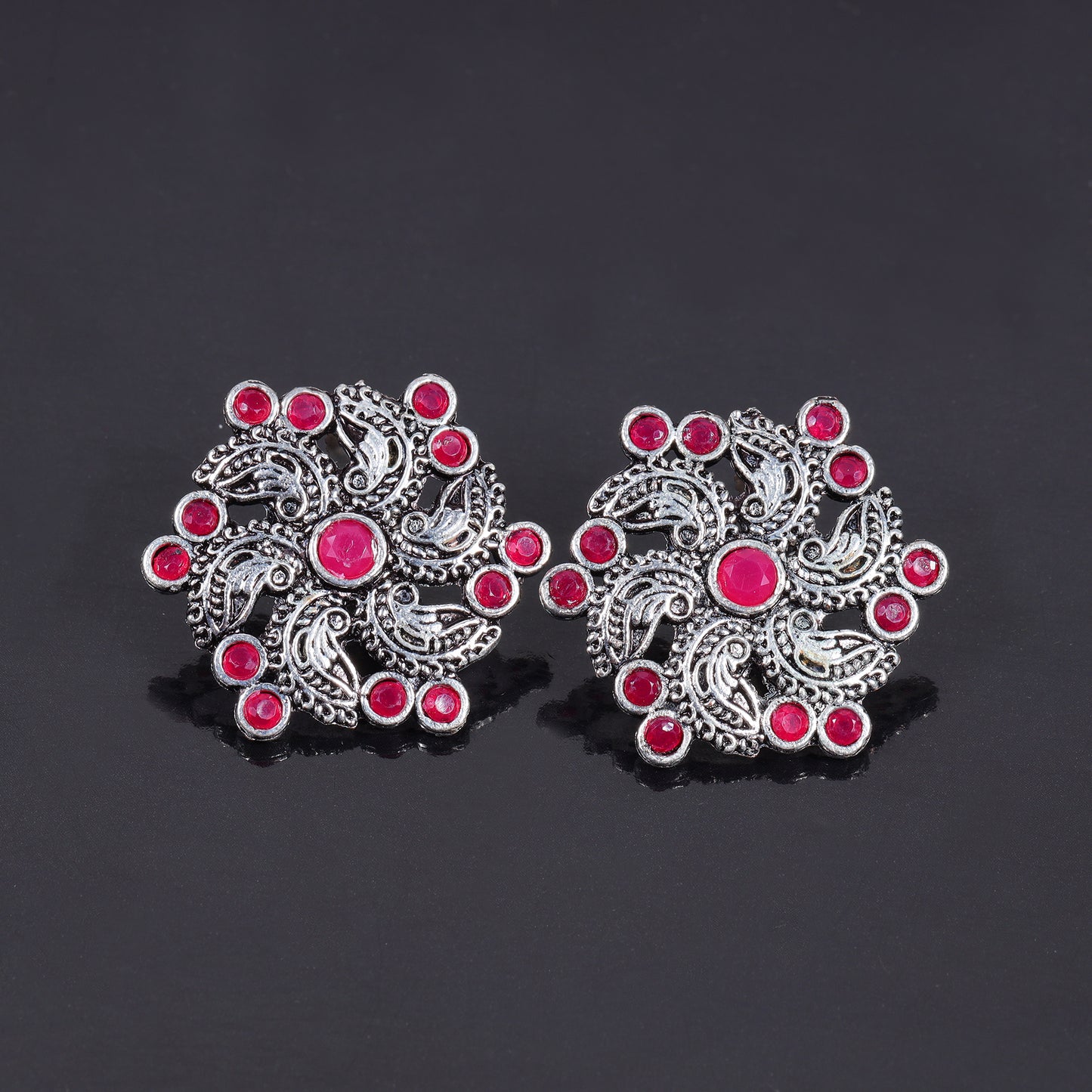 Red Stone Studded German Silver Stud Earrings