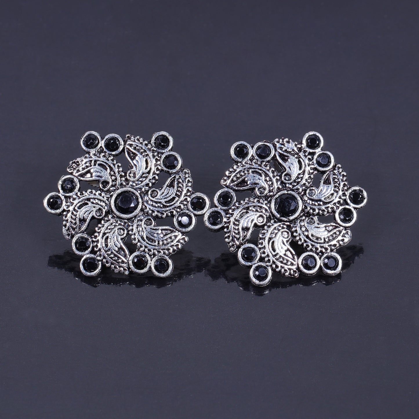 Black Stone Studded German Silver Stud Earrings